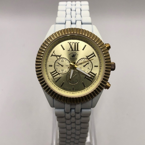 Beverly Hills Polo Club Women’s Watch White Band (New Battery) Gold Bezel Clean - Picture 1 of 11